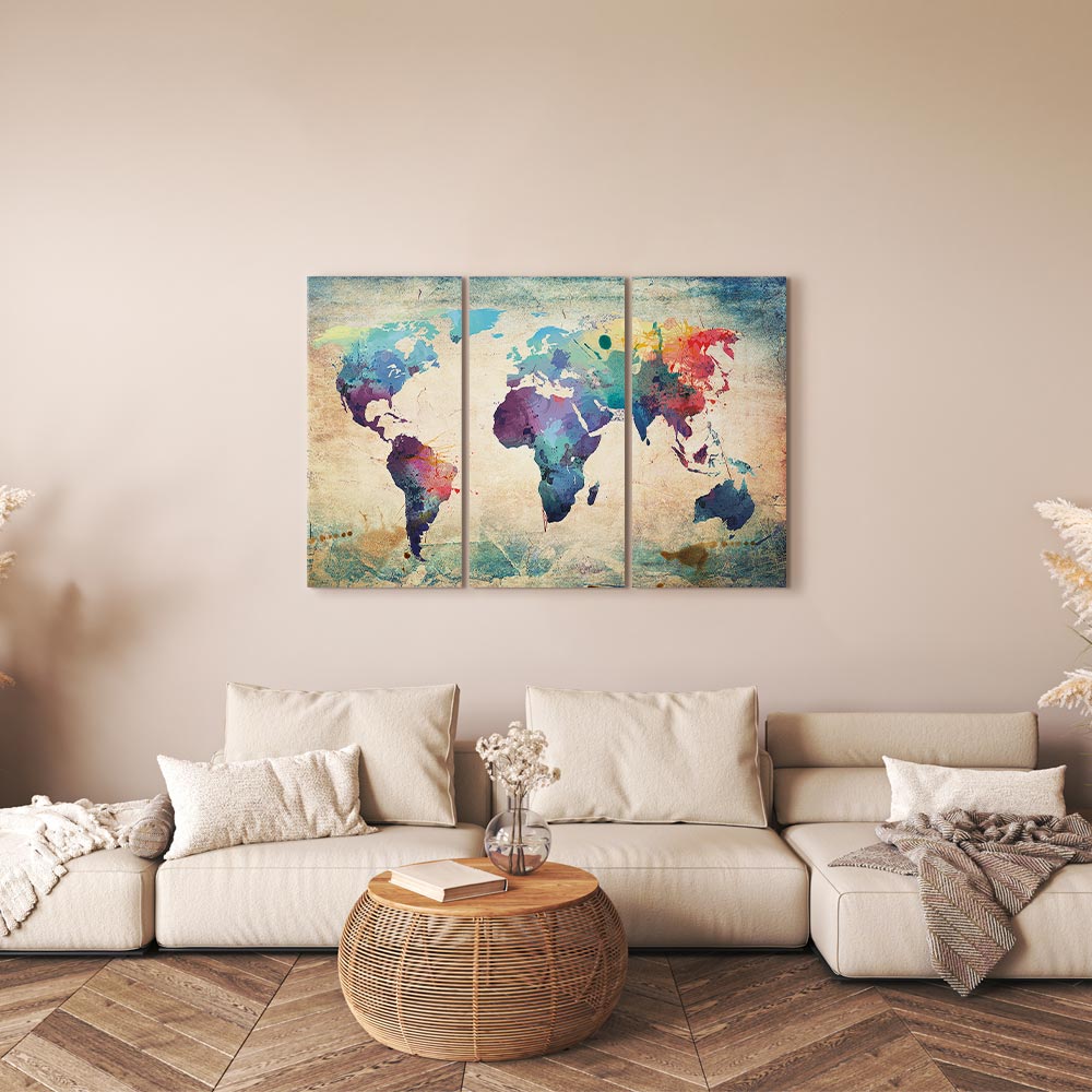 Rainbow Watercolour World Map Triptych Canvas Print