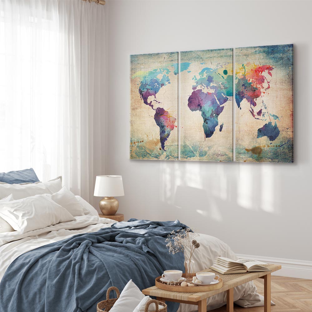 Rainbow Watercolour World Map Triptych Canvas Print