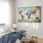 Rainbow Watercolour World Map Triptych Canvas Print