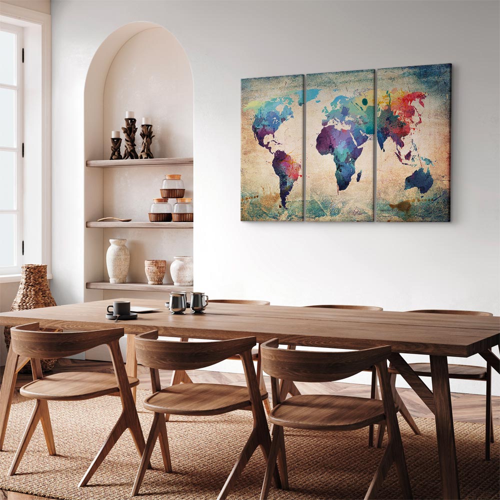Rainbow Watercolour World Map Triptych Canvas Print