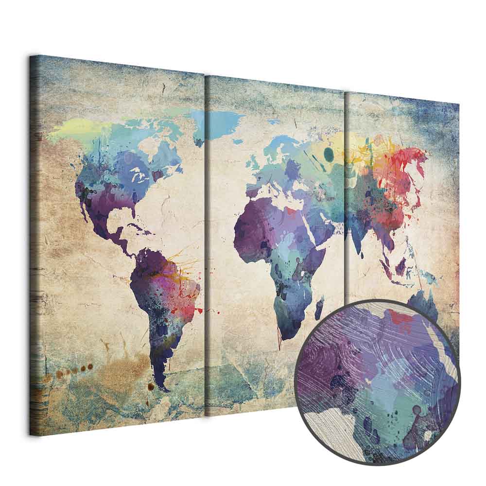 Rainbow Watercolour World Map Triptych Canvas Print