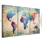 Rainbow Watercolour World Map Triptych Canvas Print