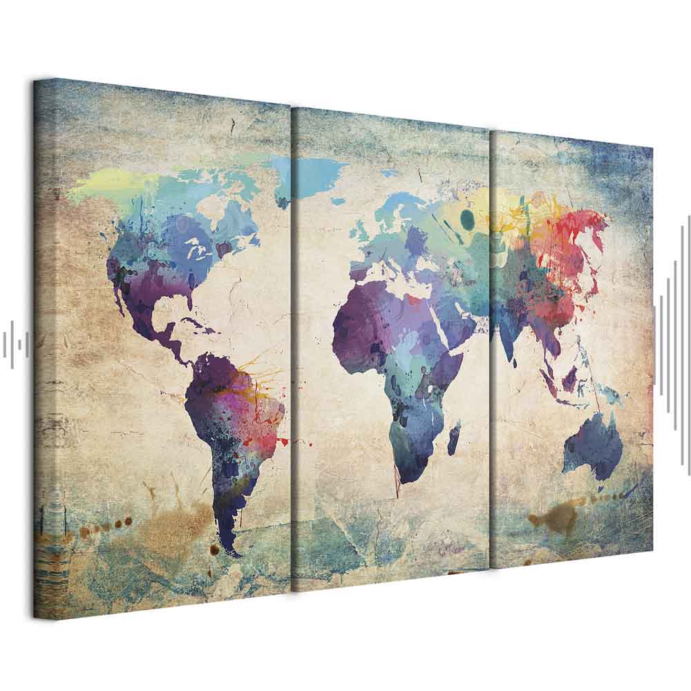 Rainbow Watercolour World Map Triptych Canvas Print