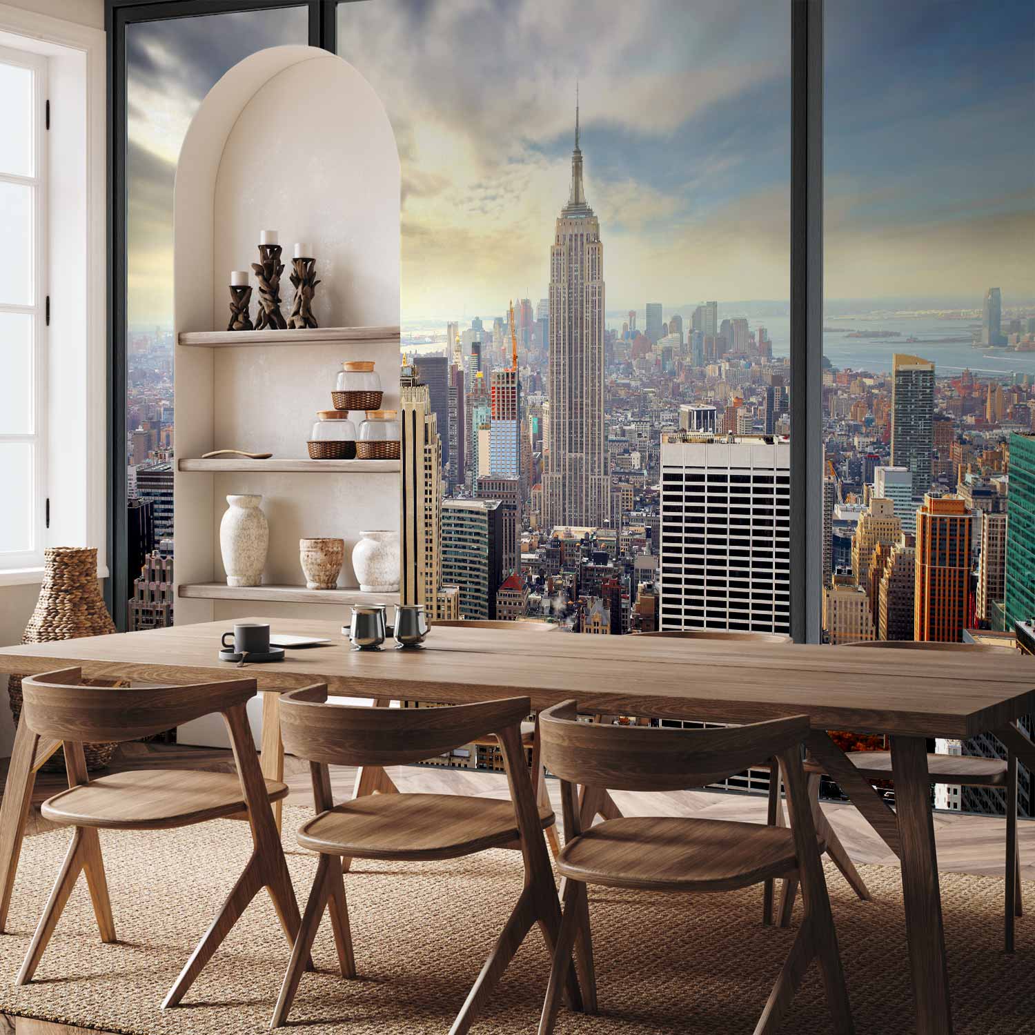 City Skyline Behind Glass Wall Mural