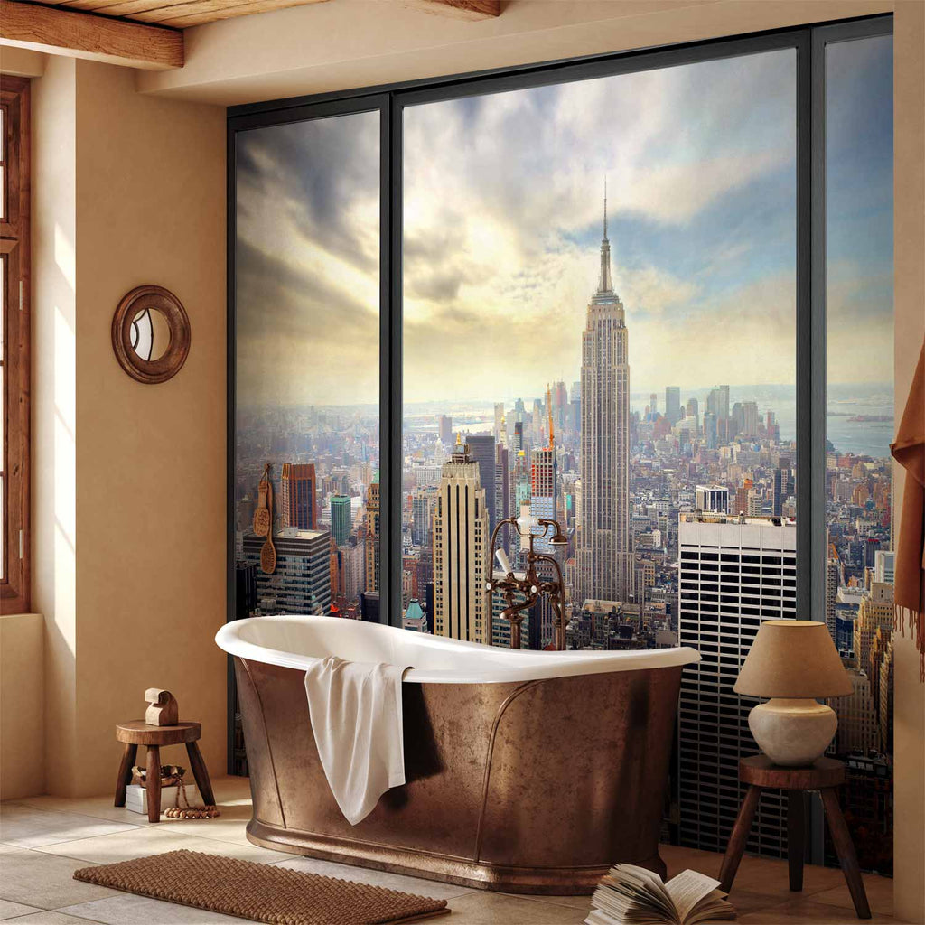 City Skyline Behind Glass Wall Mural