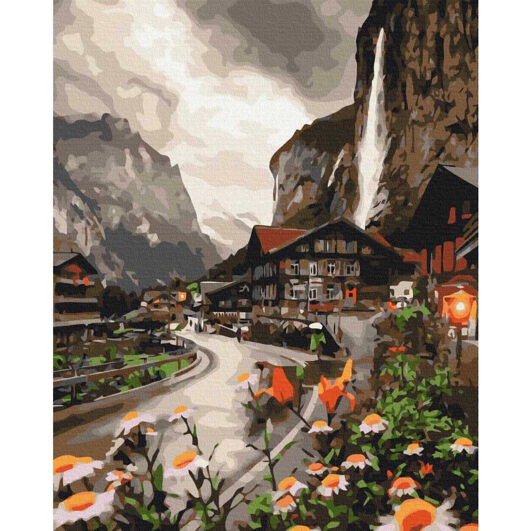 Swiss Mountain Town Landscape Paint by Numbers