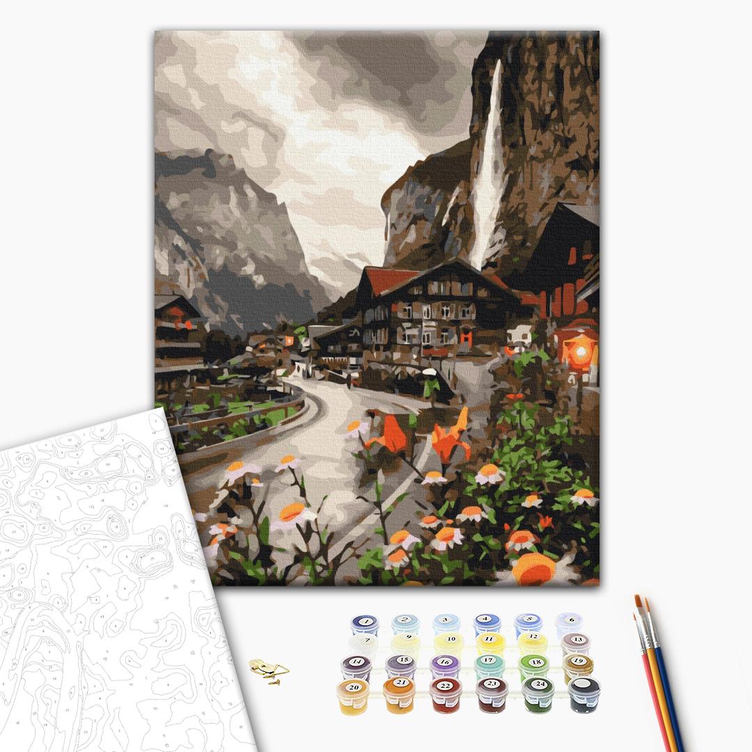 Swiss Mountain Town Landscape Paint by Numbers