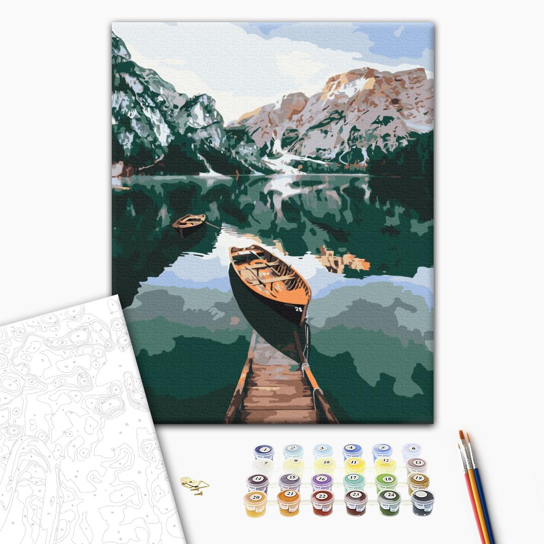 Dolomites Boats Mountain Landscape Paint by Numbers