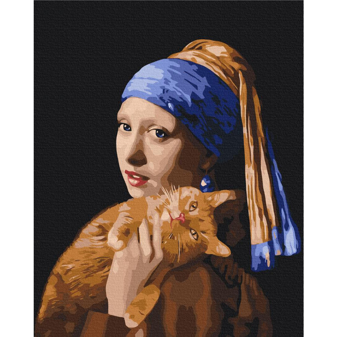 Girl with a Pearl and Ginger Cat Paint by Numbers