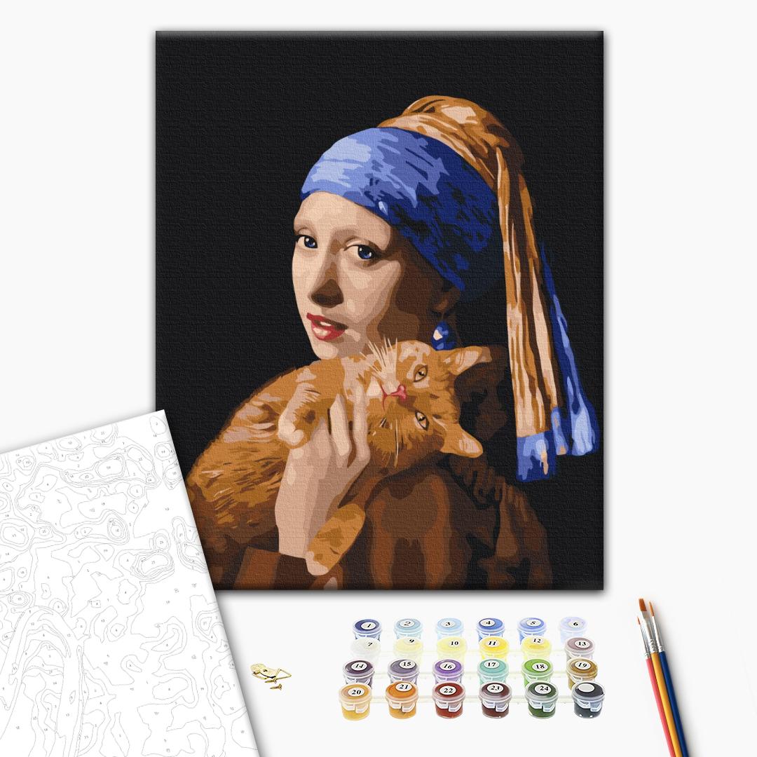 Girl with a Pearl and Ginger Cat Paint by Numbers