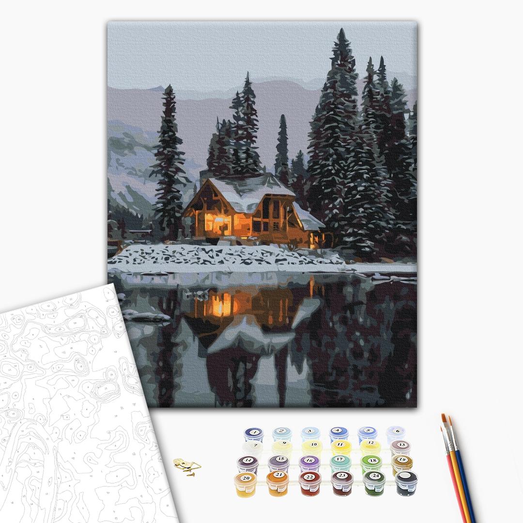 Snowy Mountain Cottage Landscape Paint by Numbers Kit