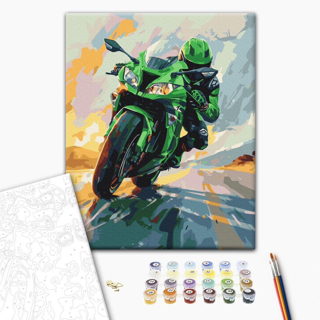 Green Motorbike Full Speed Paint by Numbers Kit