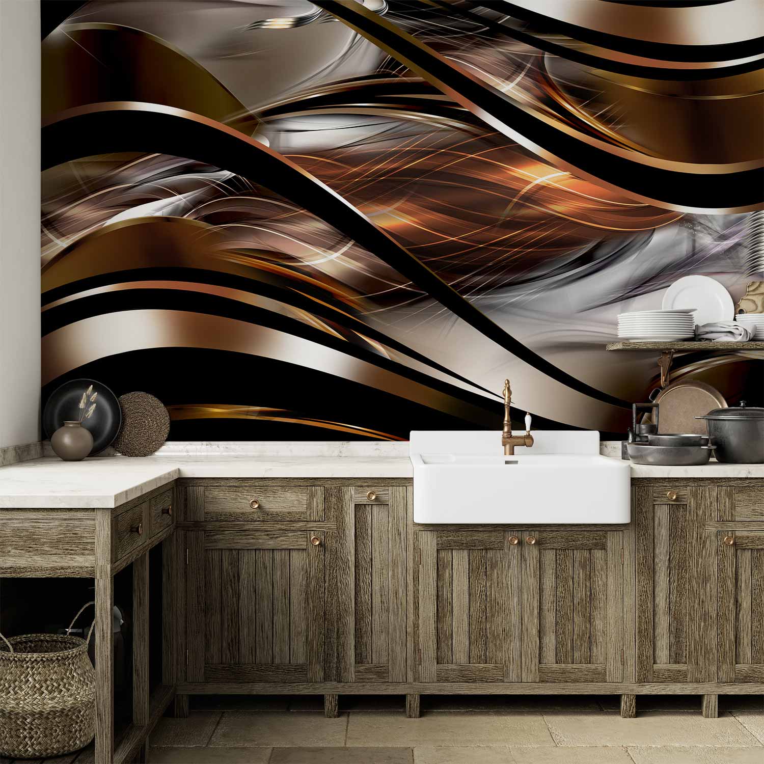 Amber Abstract Waves Wall Mural
