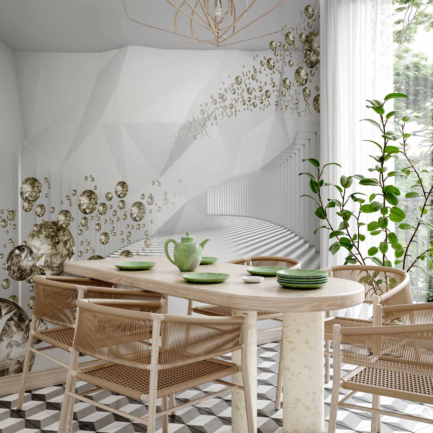 Diamond Corridor 3D Geometric Grey Wall Mural