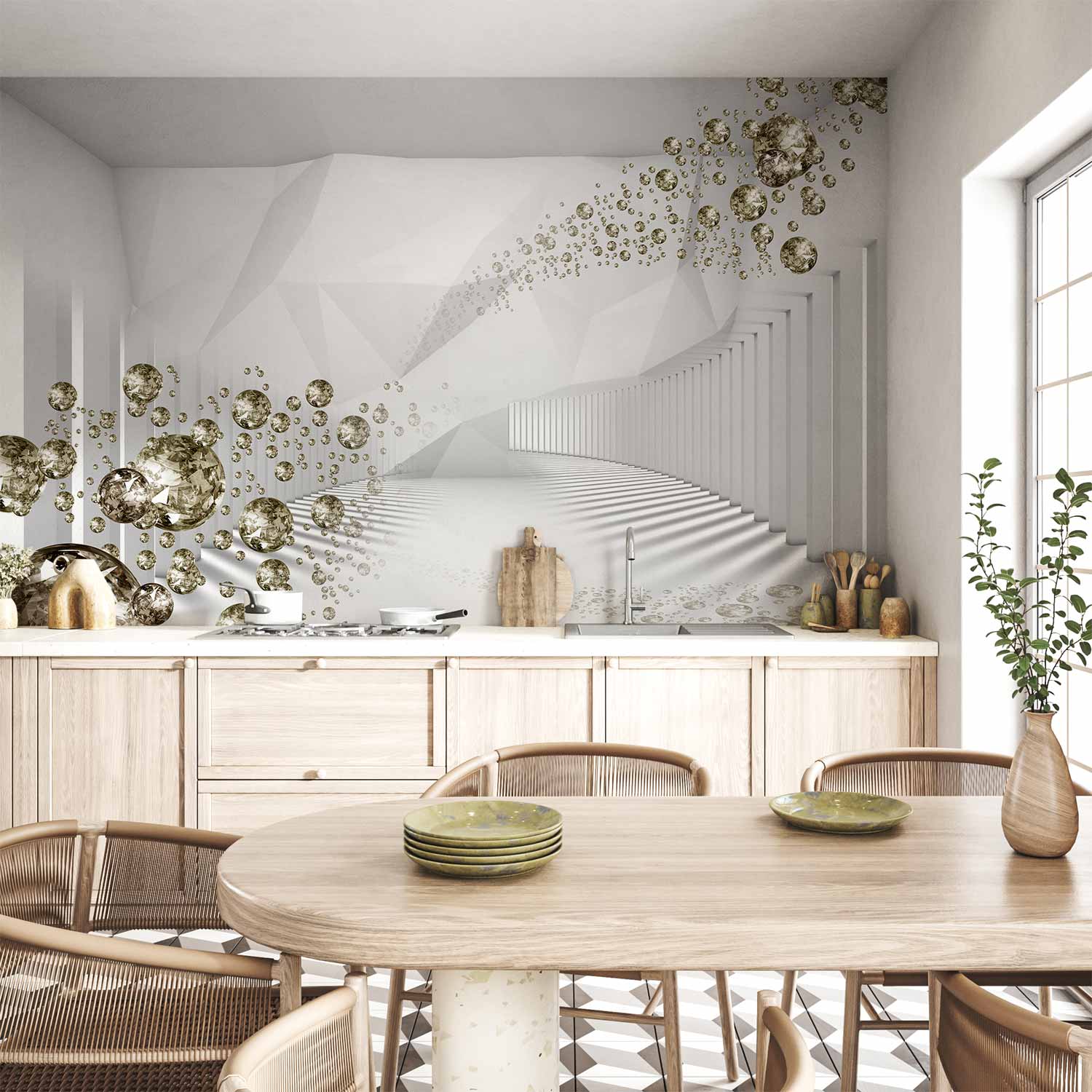 Diamond Corridor 3D Geometric Grey Wall Mural