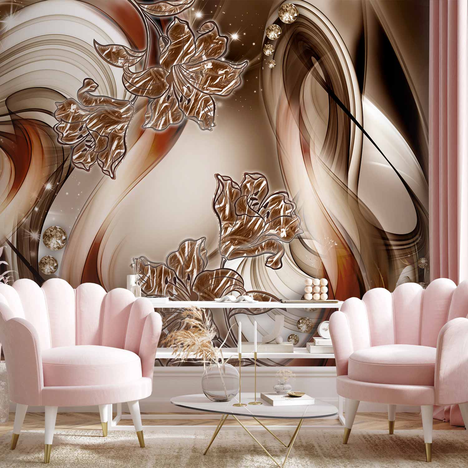 Brown Floral Swirl Abstract Wall Mural