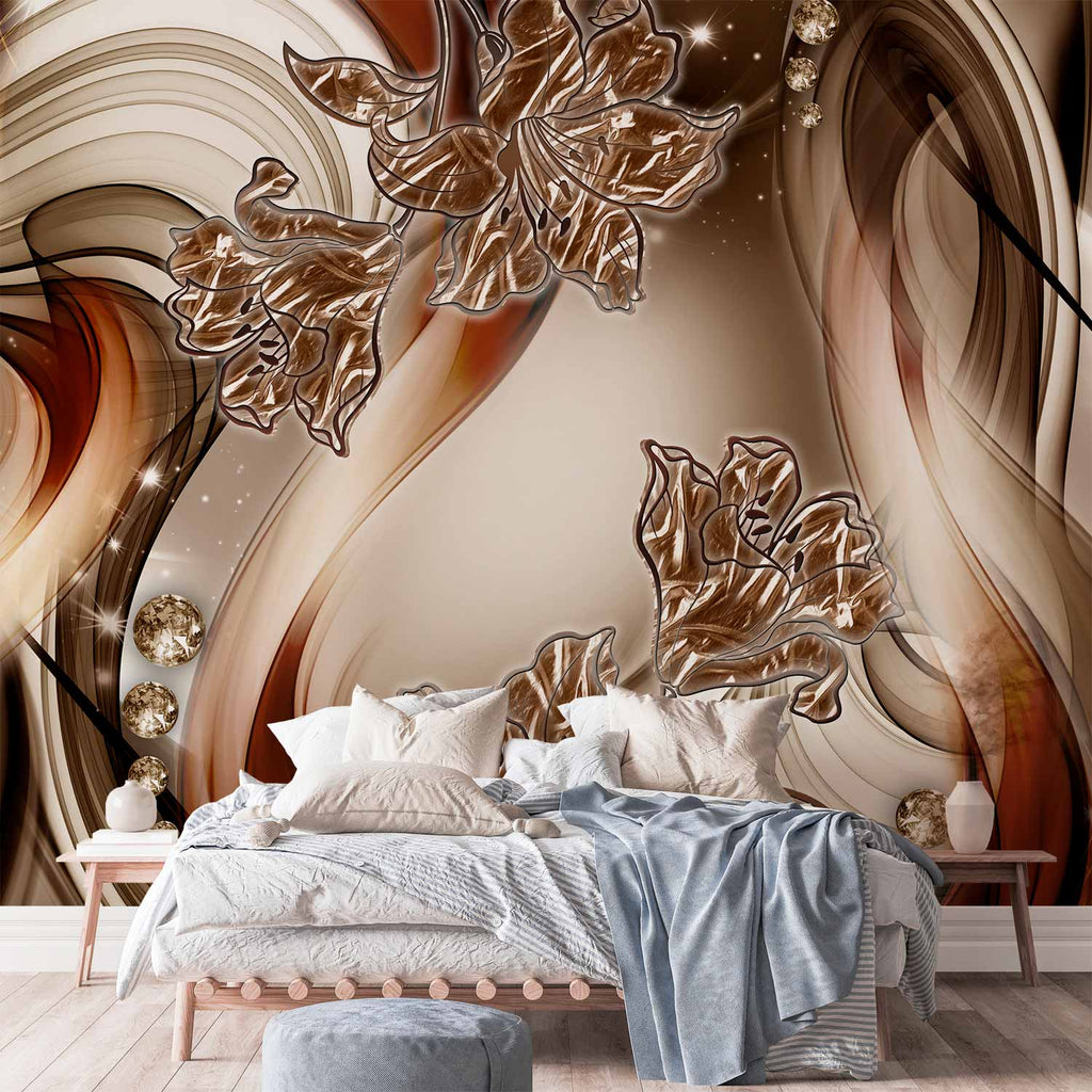 Brown Floral Swirl Abstract Wall Mural