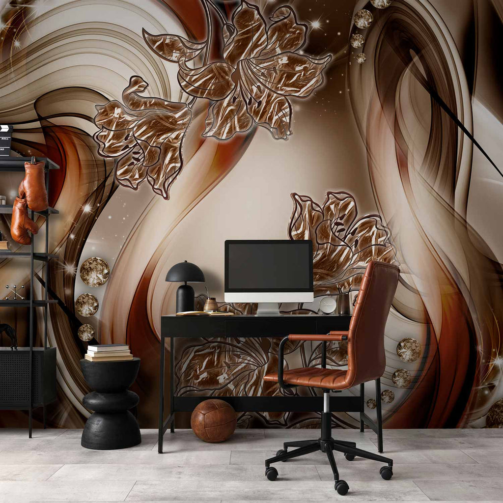 Brown Floral Swirl Abstract Wall Mural