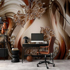 Brown Floral Swirl Abstract Wall Mural