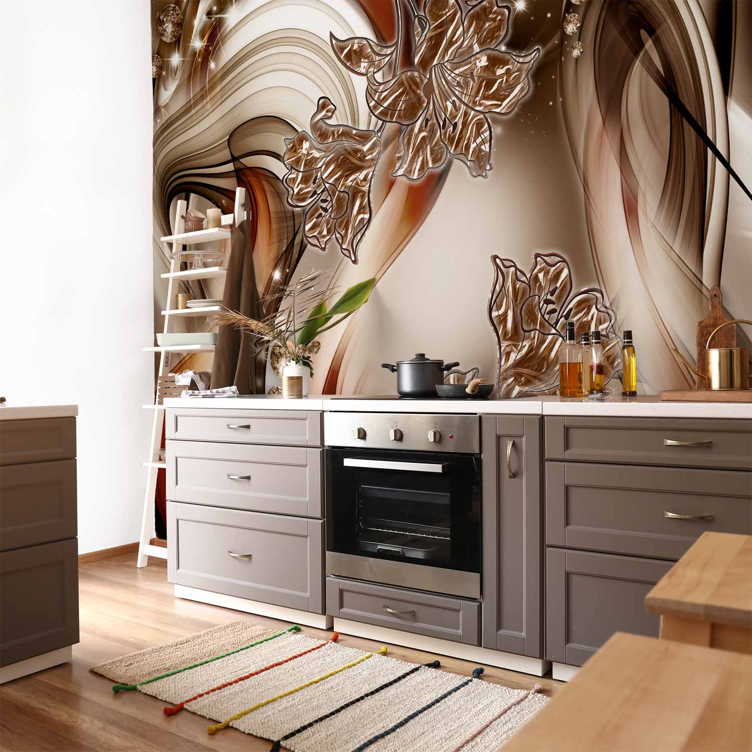 Brown Floral Swirl Abstract Wall Mural