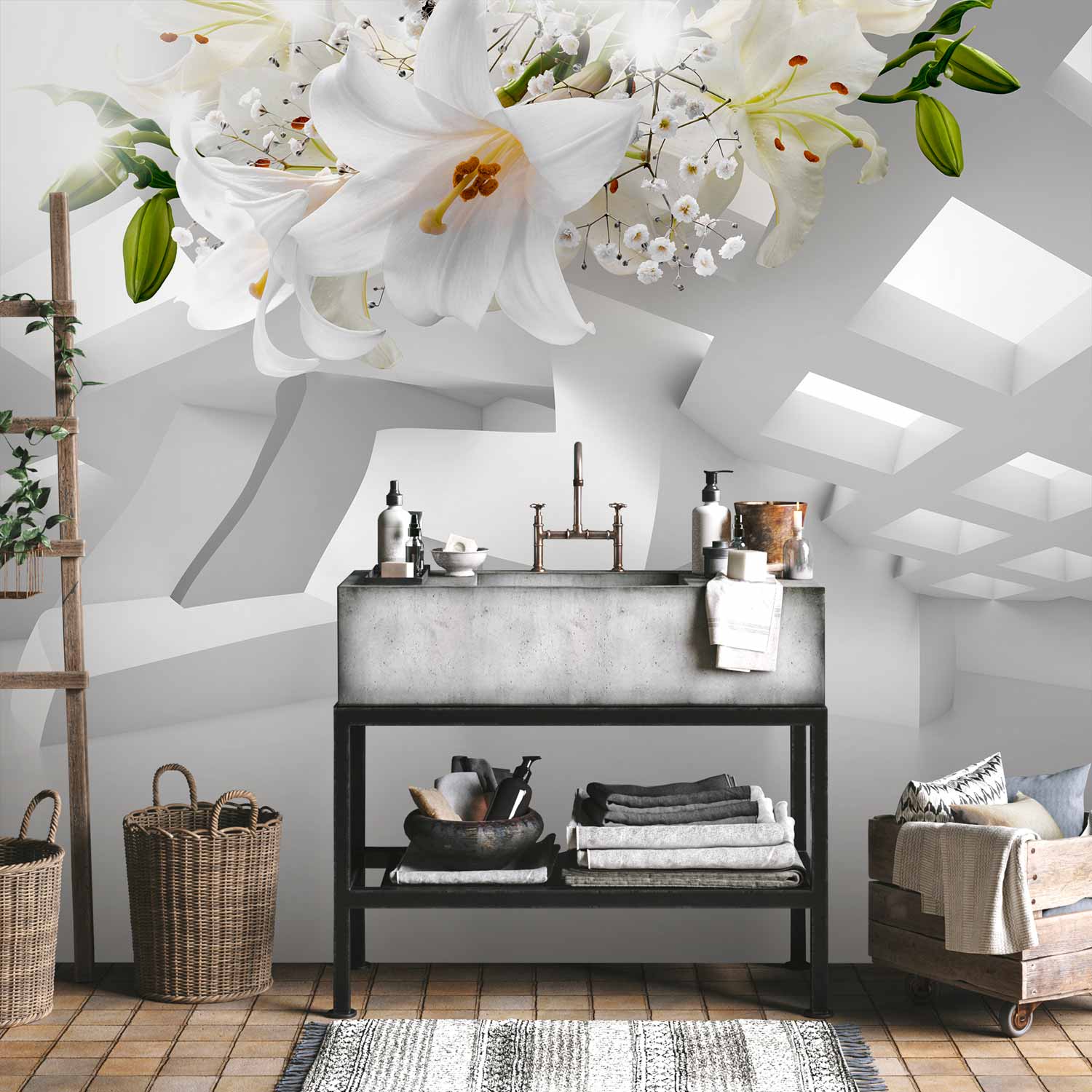Abstract Geometric Floral Grey Wall Mural