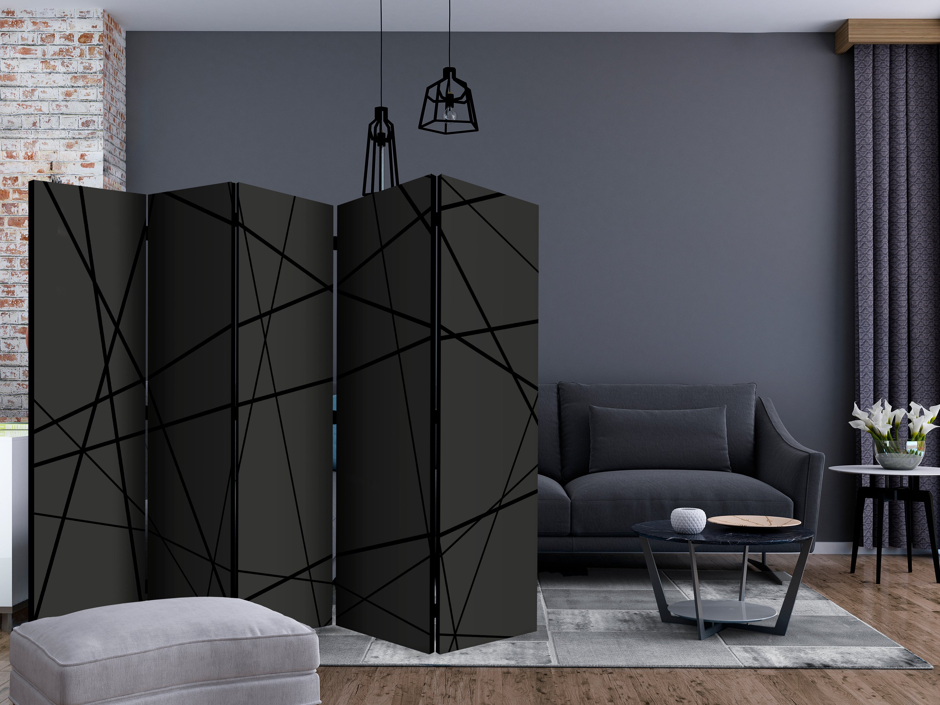 Dark Geometric Cubist 5-Panel Room Divider