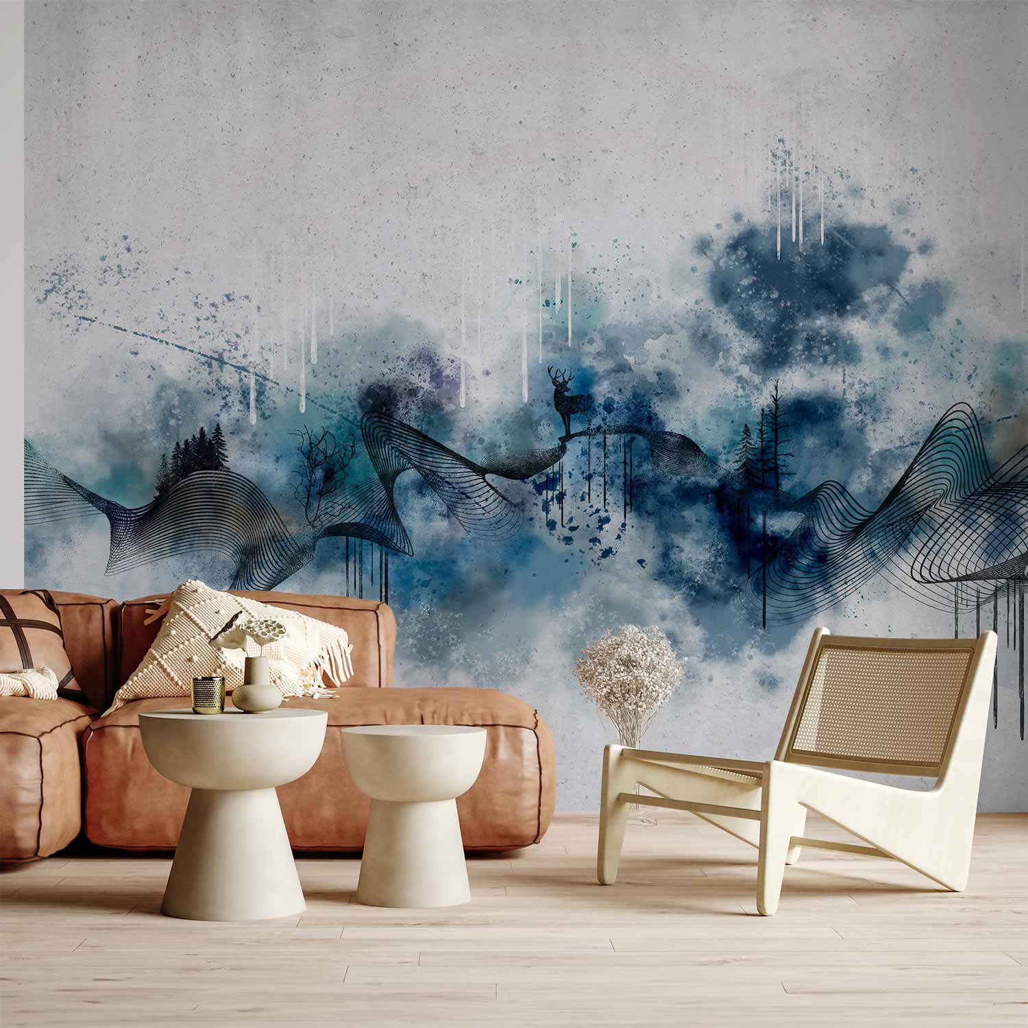 Abstract Wave Wall Mural with Blue Pattern