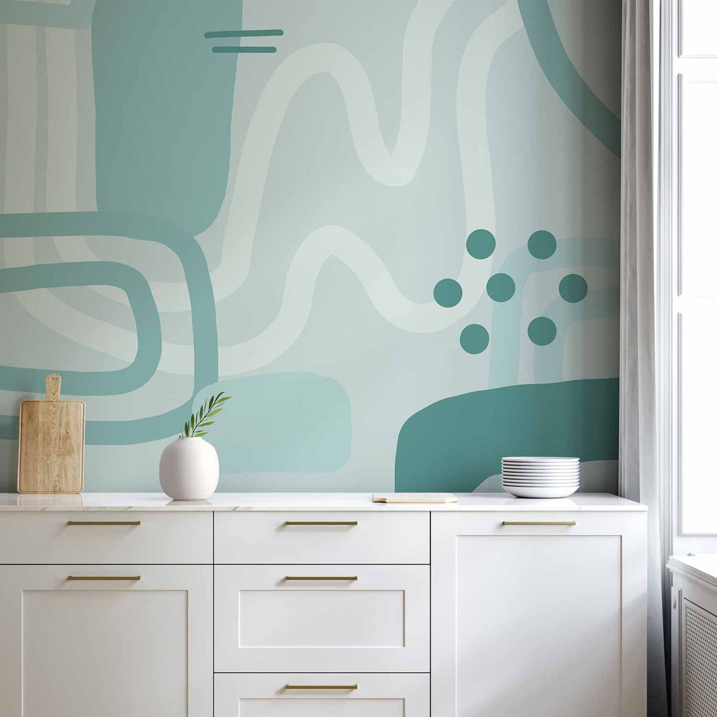 Geometric Wall Mural Featuring Turquoise Patterns