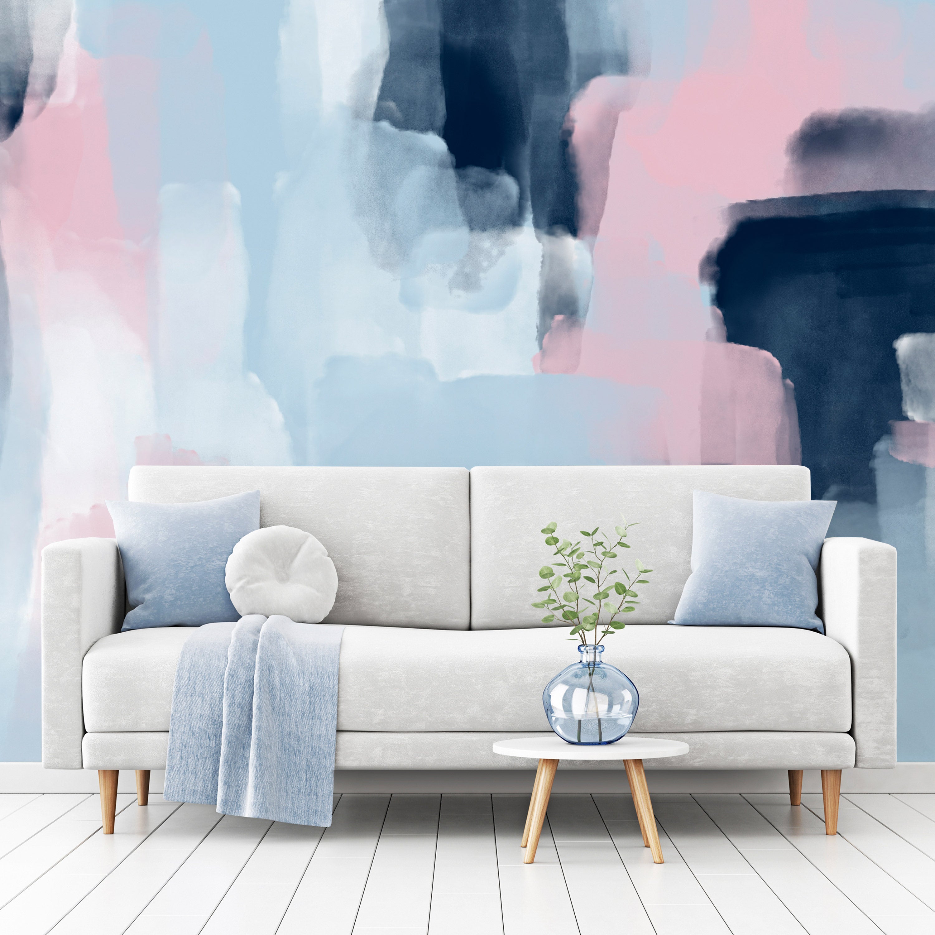 Wall Mural with Abstract Blue and Pink Shapes
