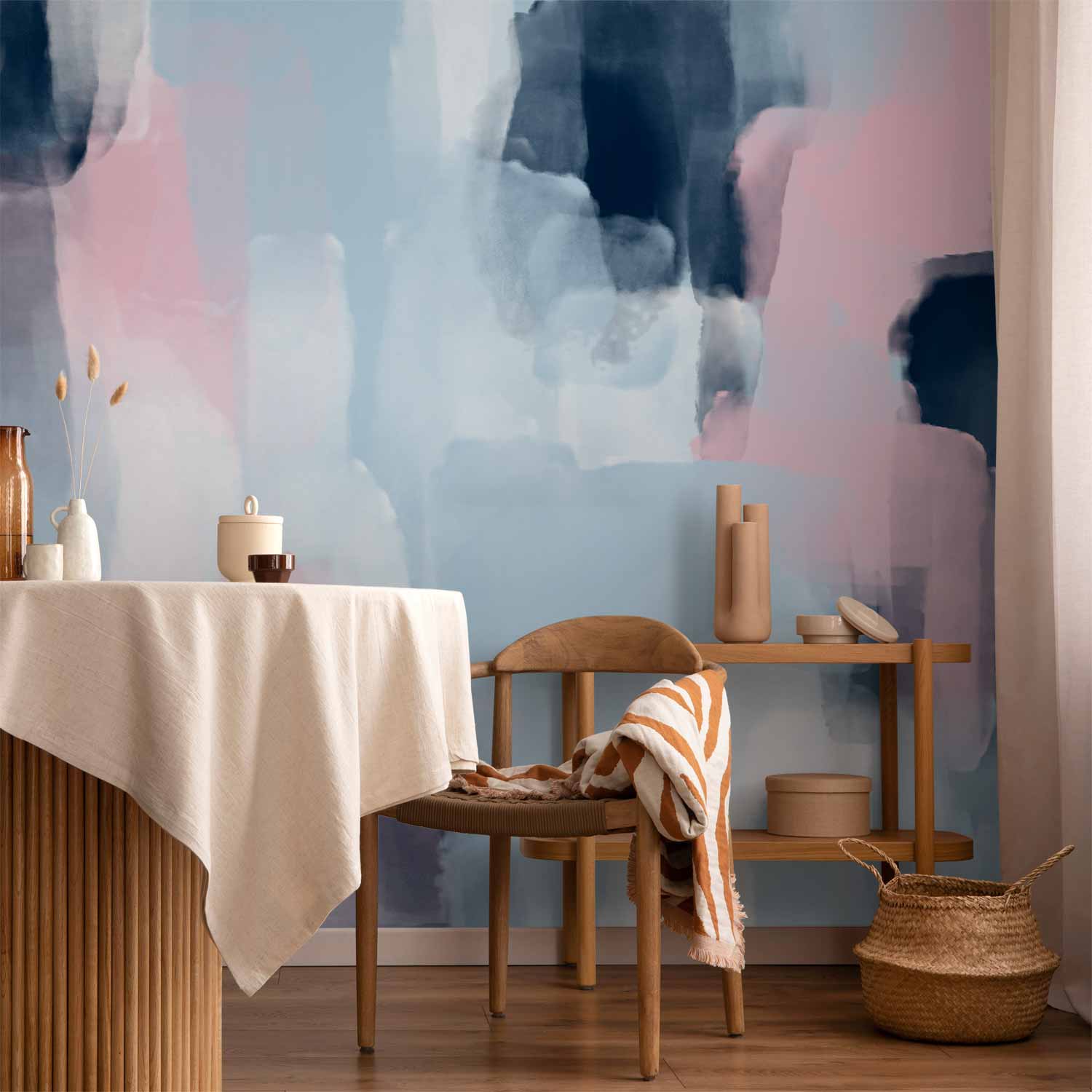 Wall Mural with Abstract Blue and Pink Shapes