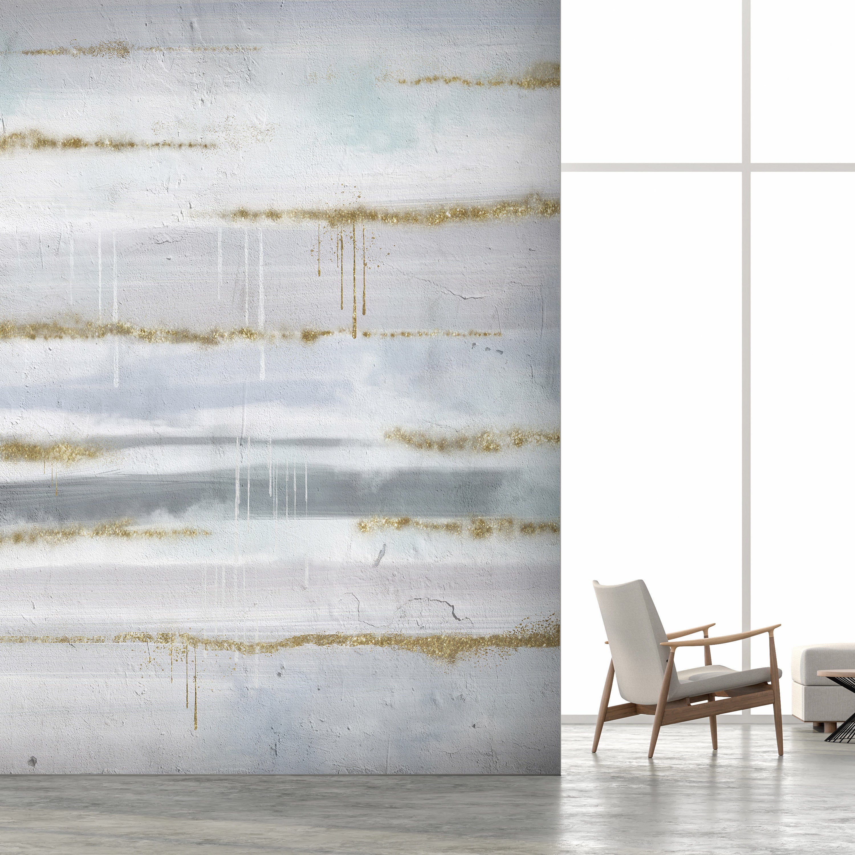 Modernist Abstract Stripes Wall Mural with Gold Patterns