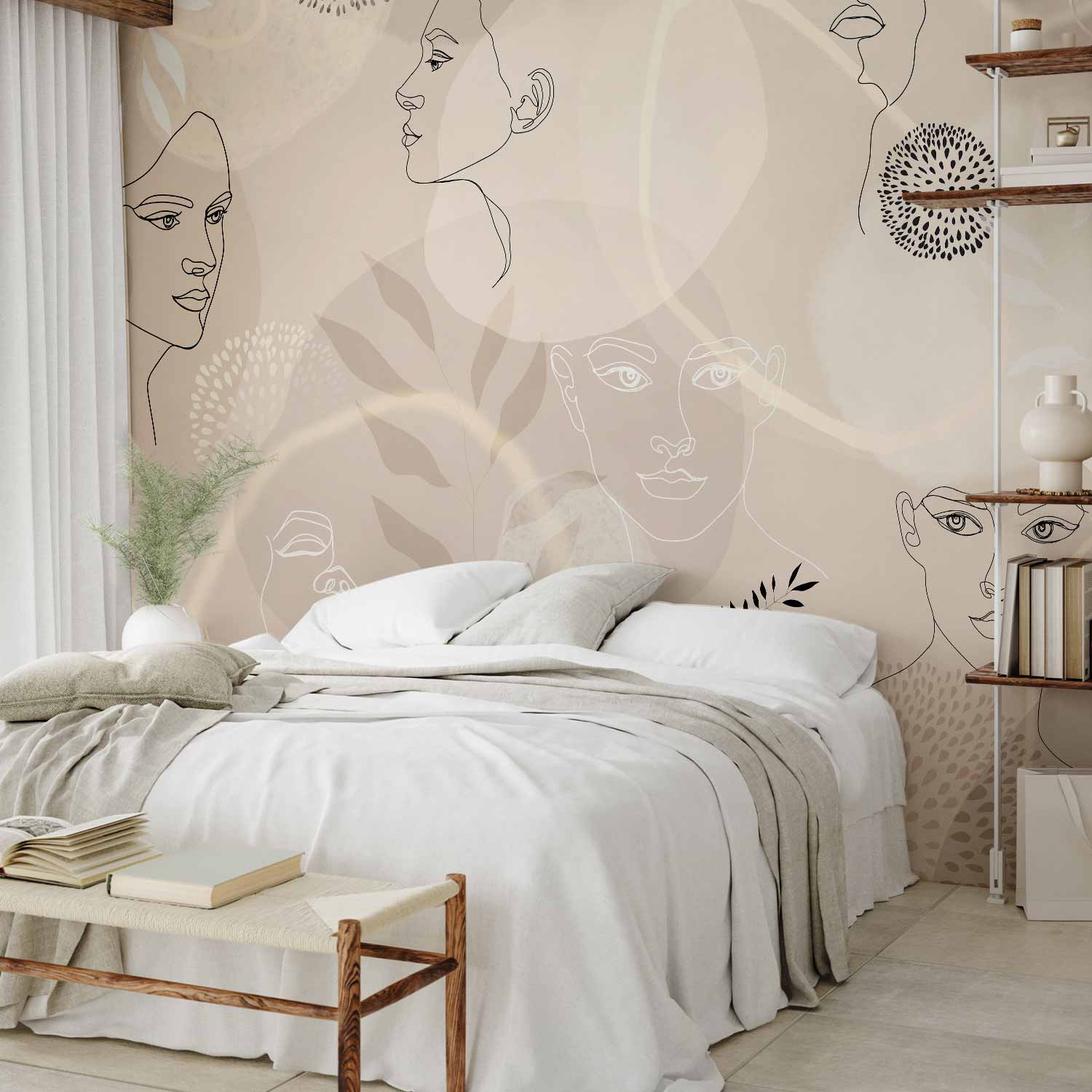 Beige Line Art People and Leaves Wall Mural