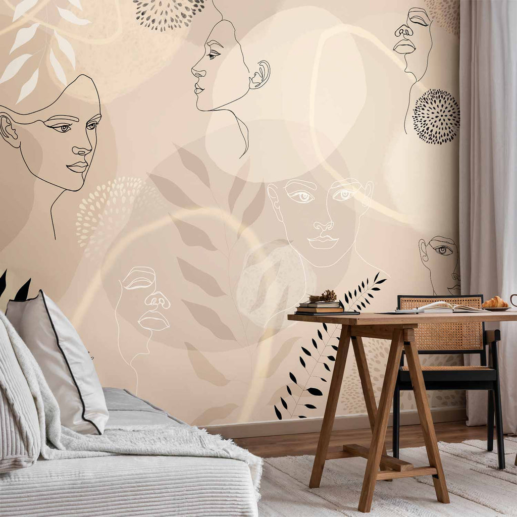 Beige Line Art People and Leaves Wall Mural