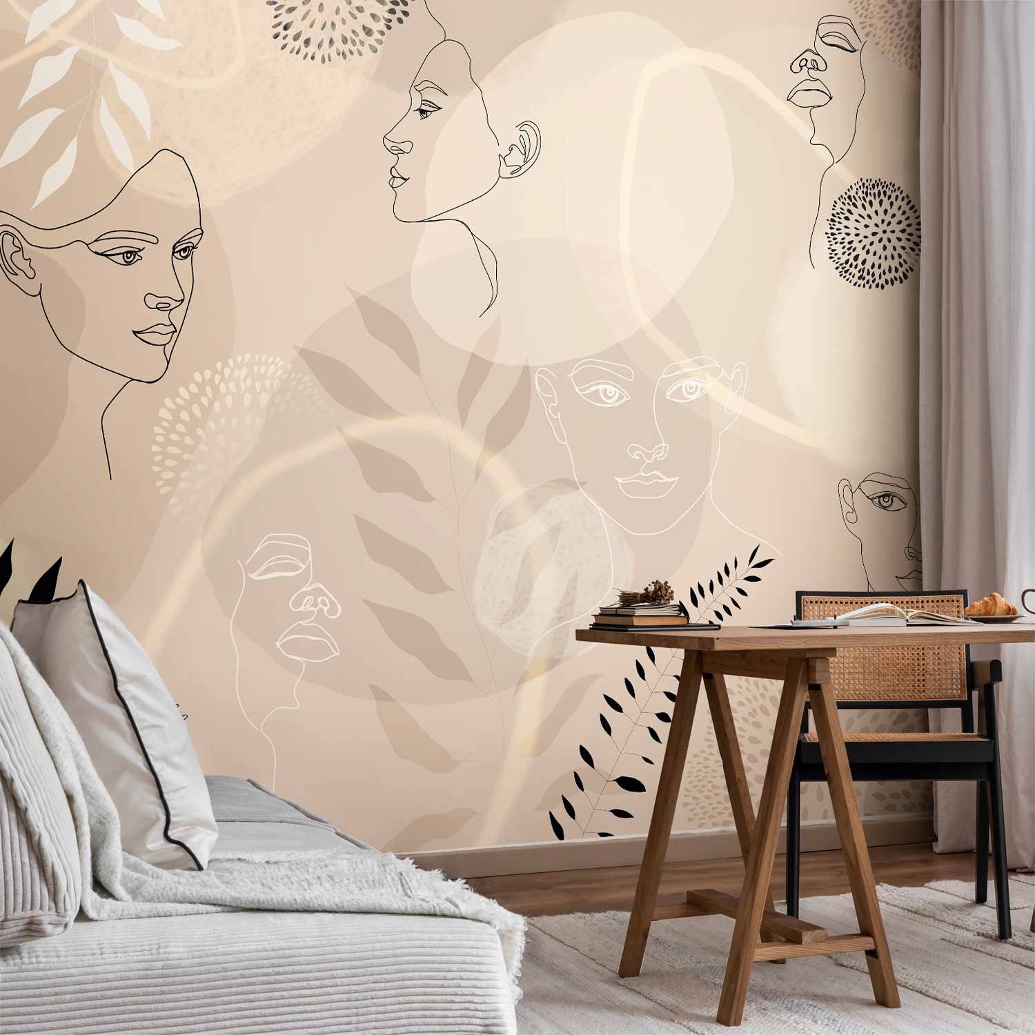 Beige Line Art People and Leaves Wall Mural