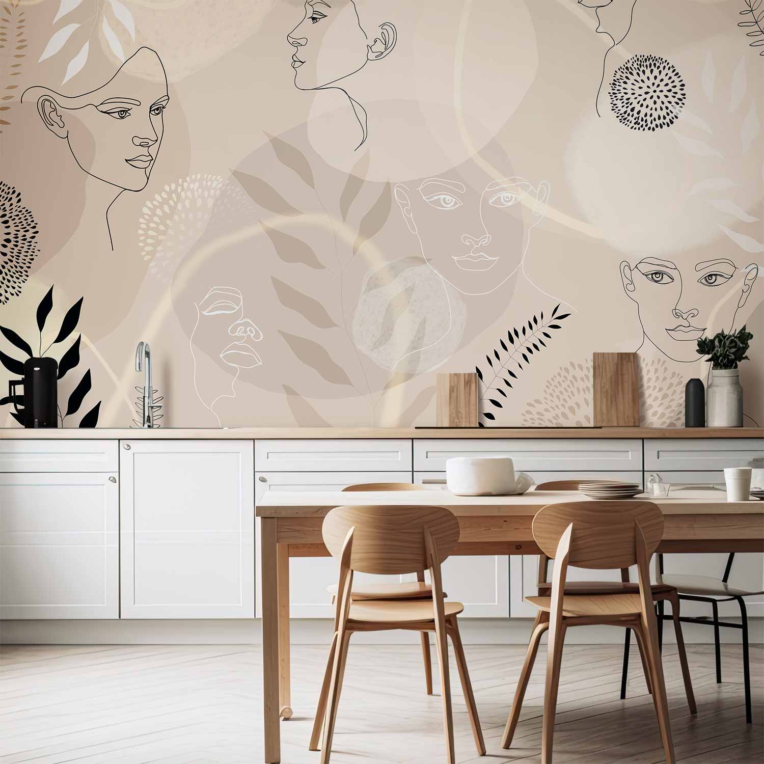 Beige Line Art Wall Mural for Elegant Spaces