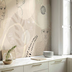 Beige Line Art People and Leaves Wall Mural