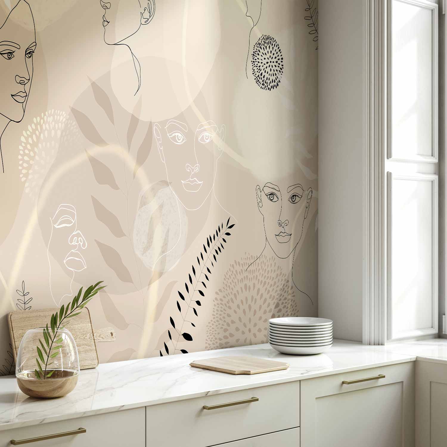 Beige Line Art People and Leaves Wall Mural