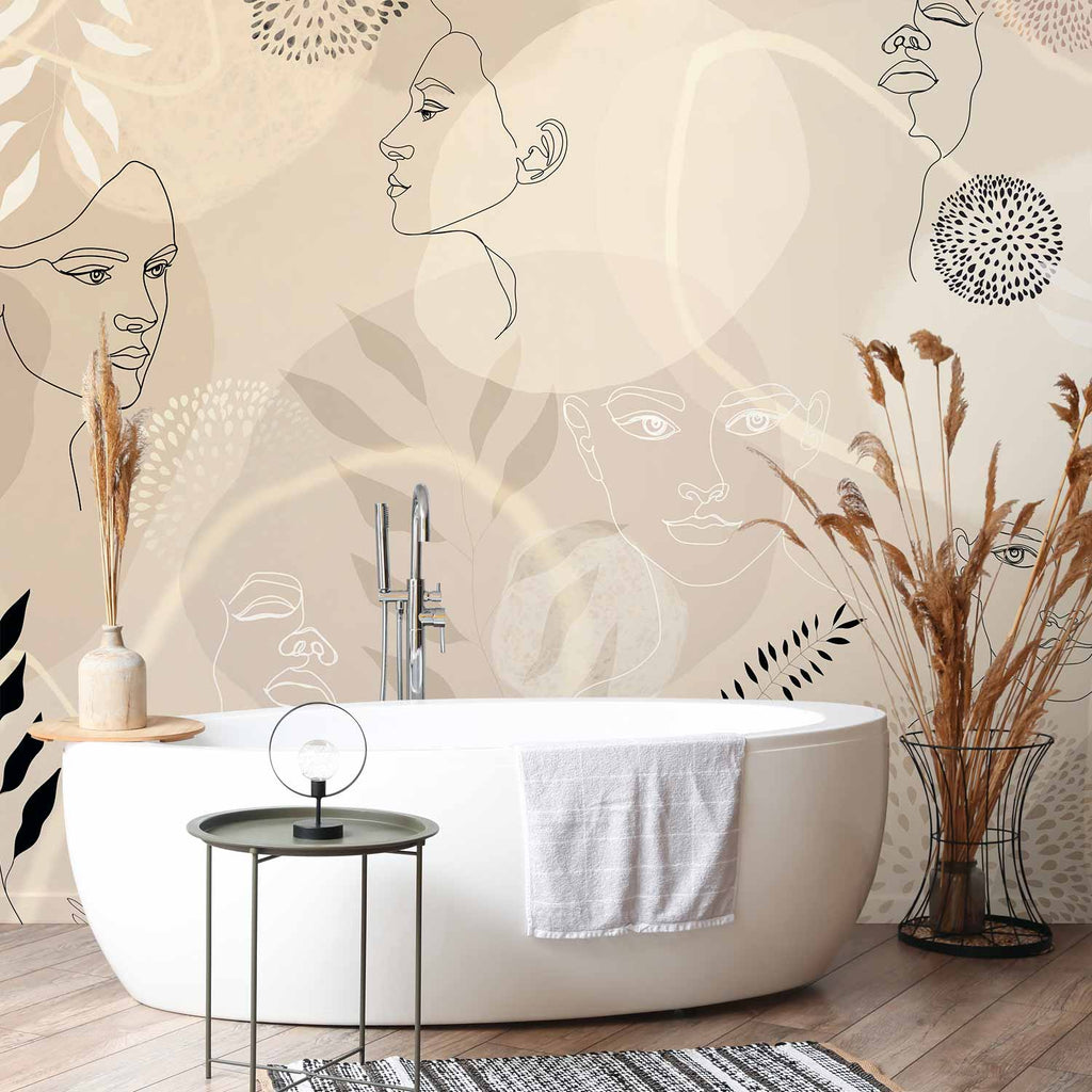 Beige Line Art People and Leaves Wall Mural