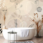 Beige Line Art People and Leaves Wall Mural