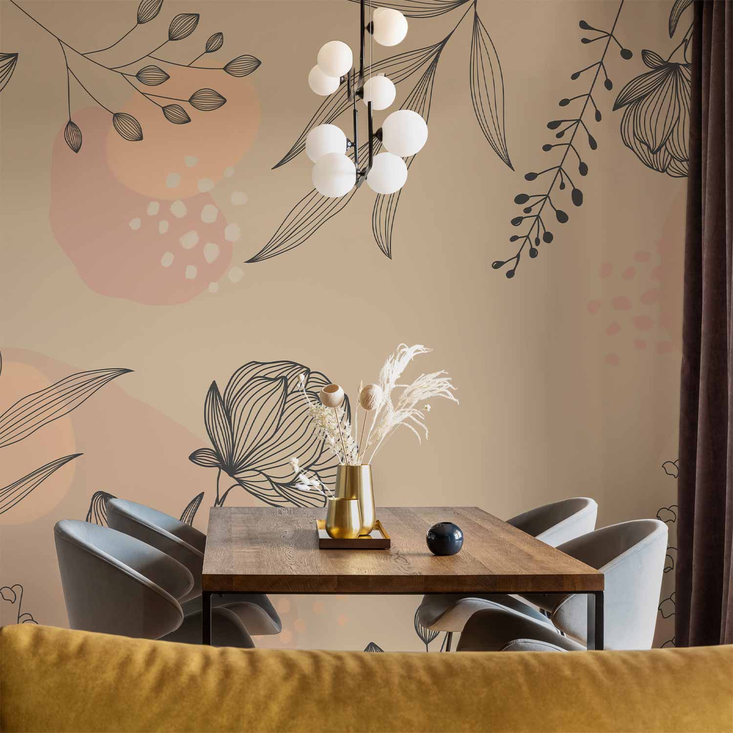 Warm Nature Line Art Leaves Wall Mural