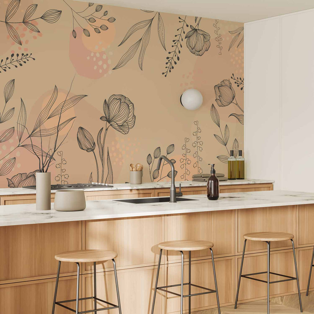 Warm Nature Line Art Leaves Wall Mural