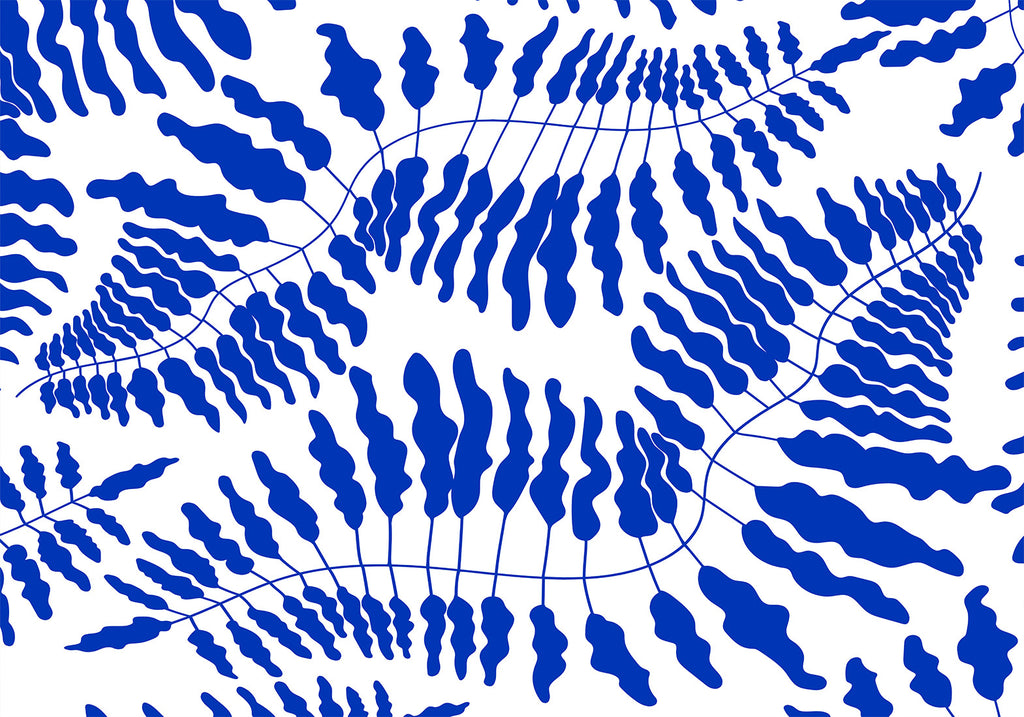 Blue Fern Wall Mural with Leaf Motifs