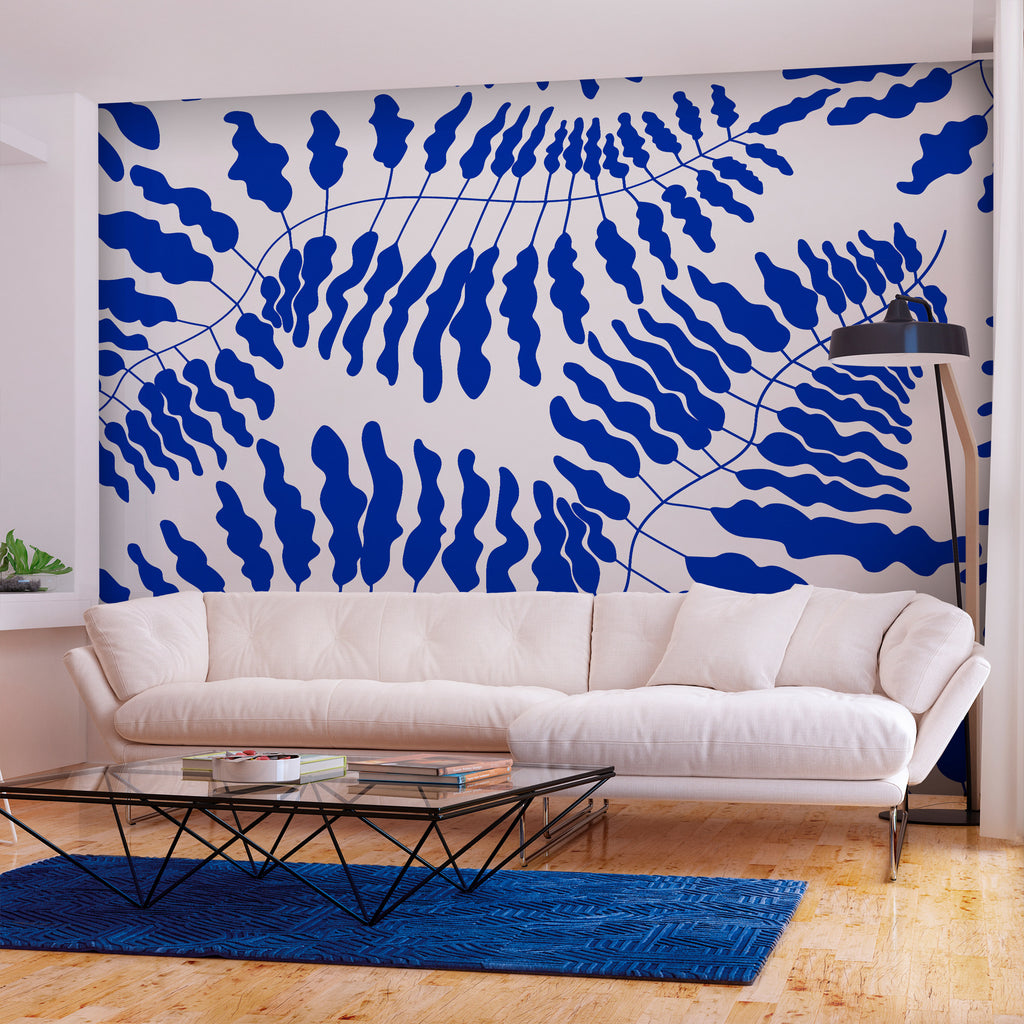 Blue Fern Wall Mural with Leaf Motifs