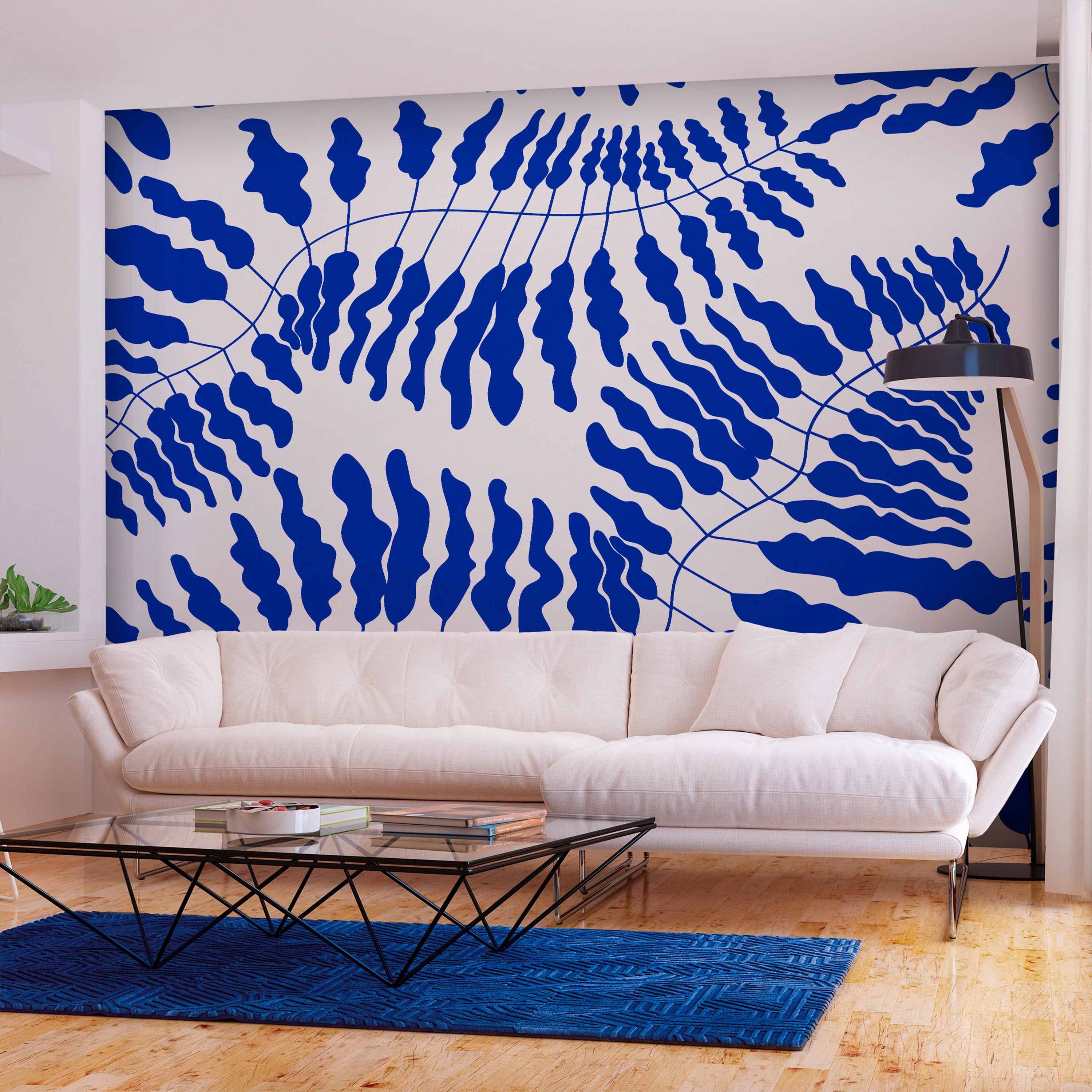 Blue Fern Wall Mural with Leaf Motifs
