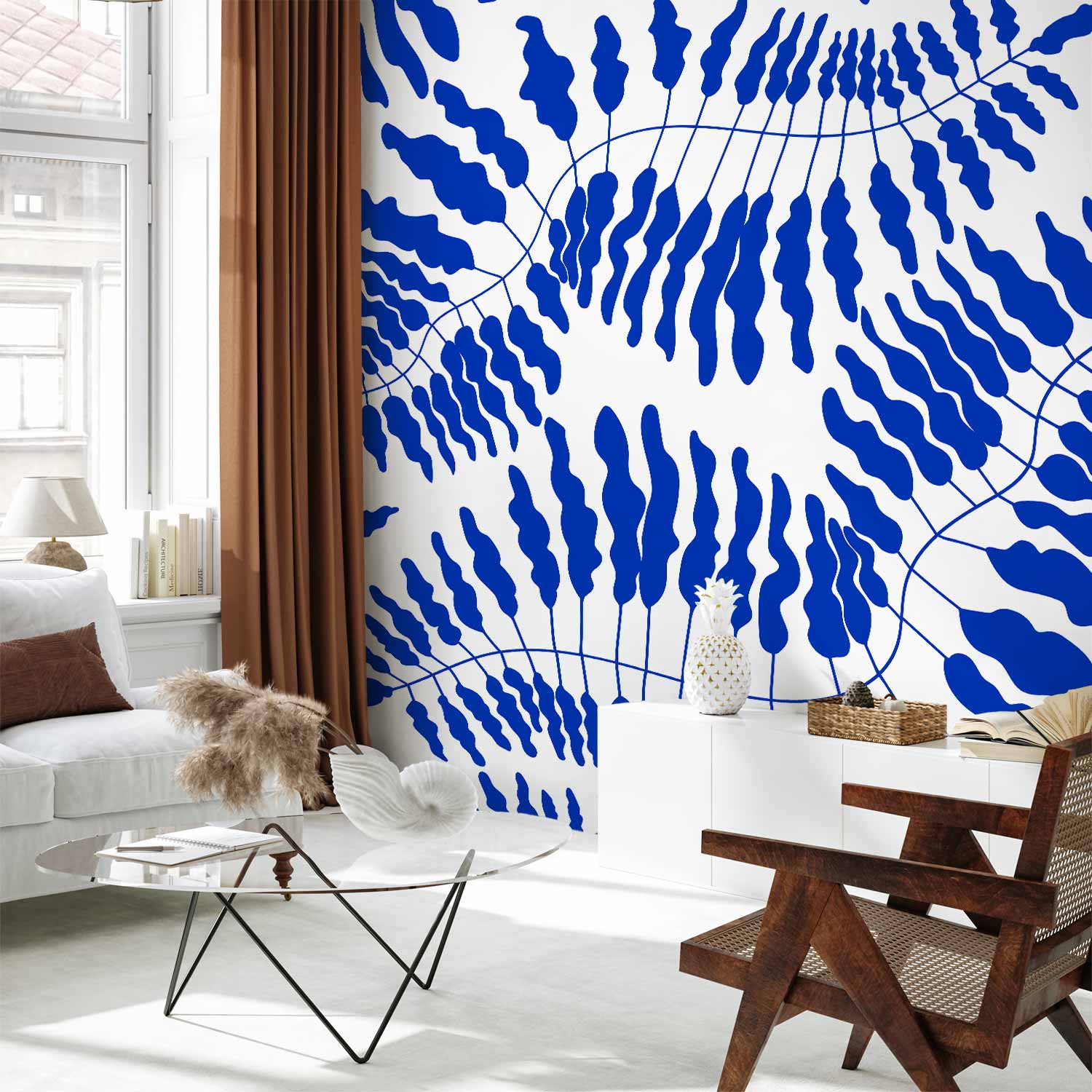 Blue Fern Wall Mural with Leaf Motifs