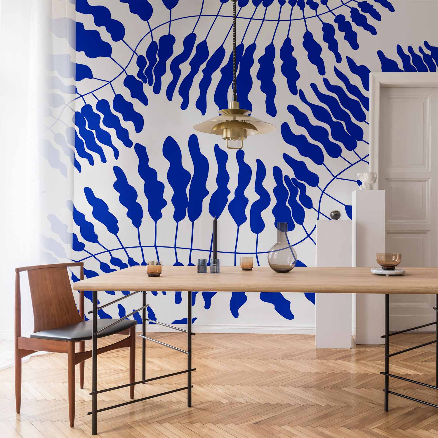 Blue Fern Wall Mural with Leaf Motifs