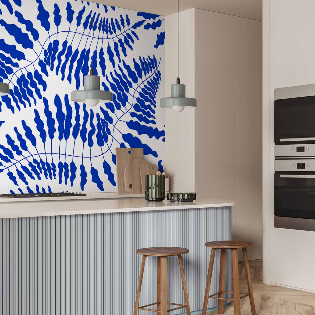 Blue Fern Line Art Wall Mural