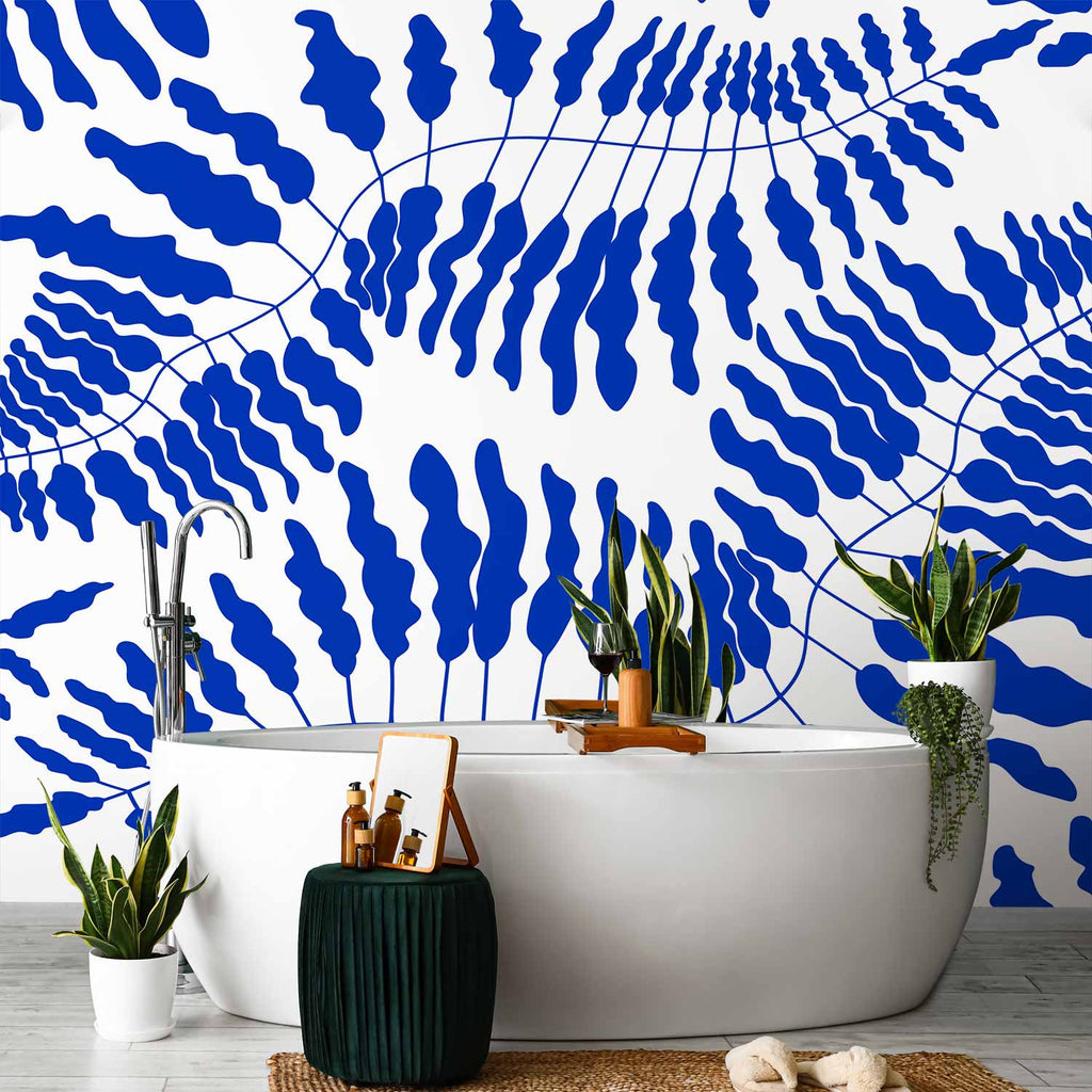Blue Fern Line Art Wall Mural
