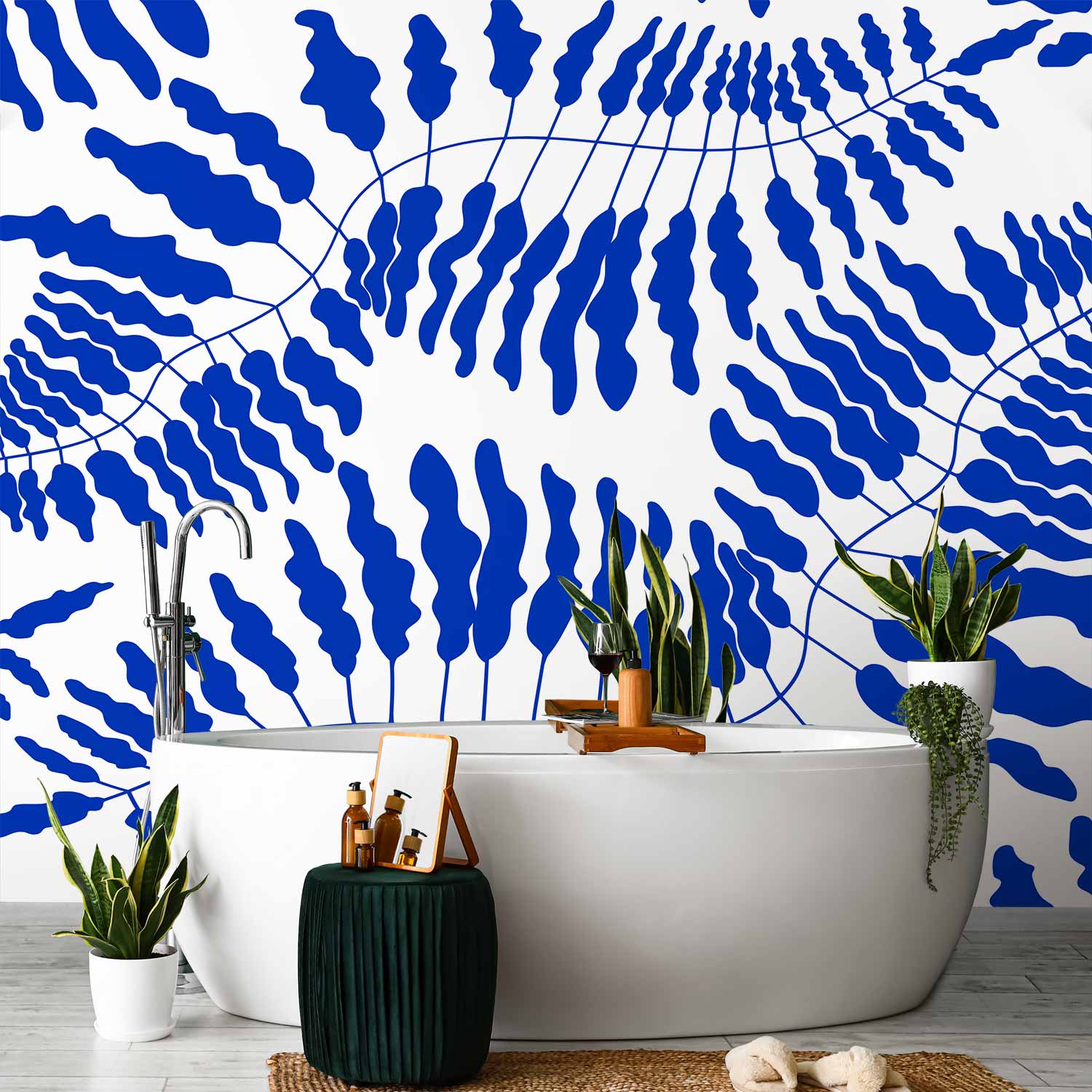 Blue Fern Line Art Wall Mural