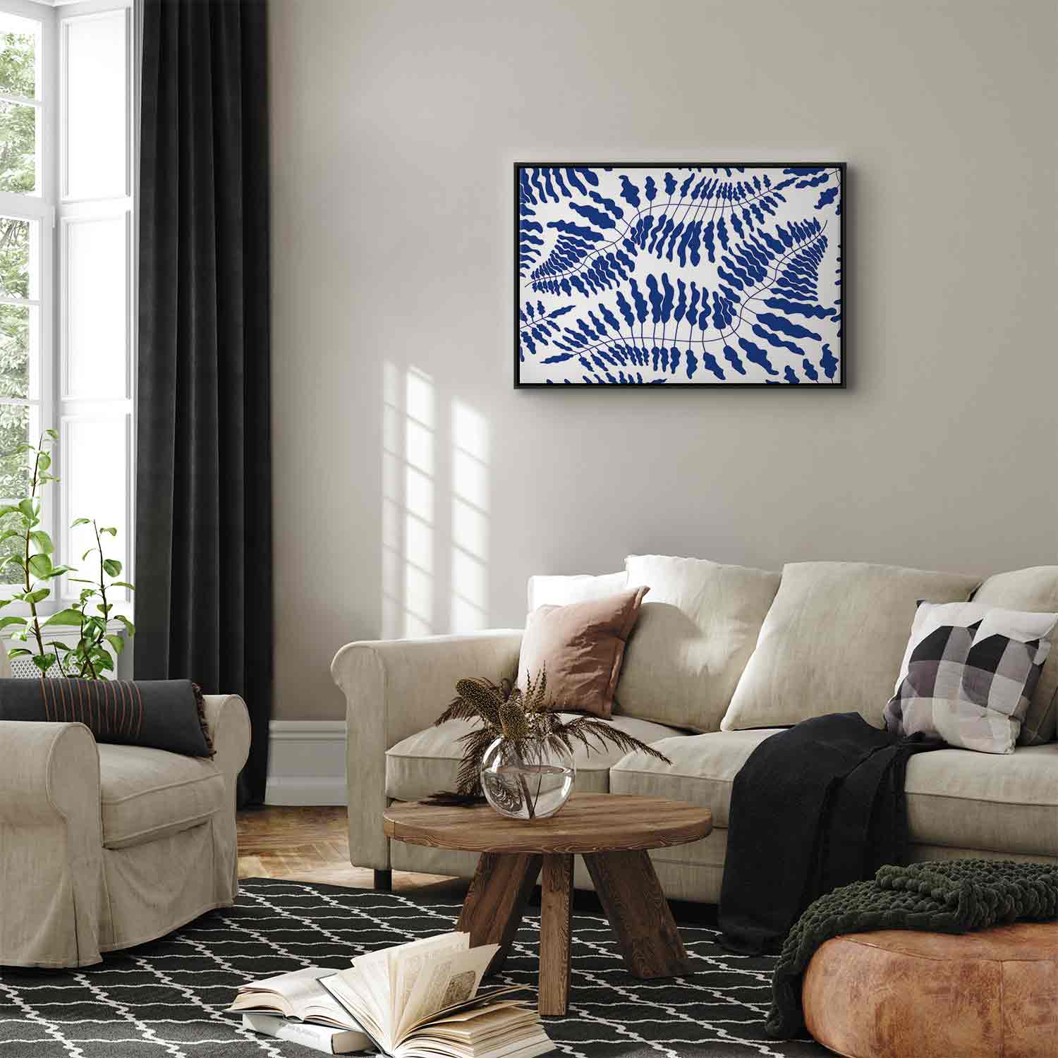 Cobalt Fern Line Art Canvas Print